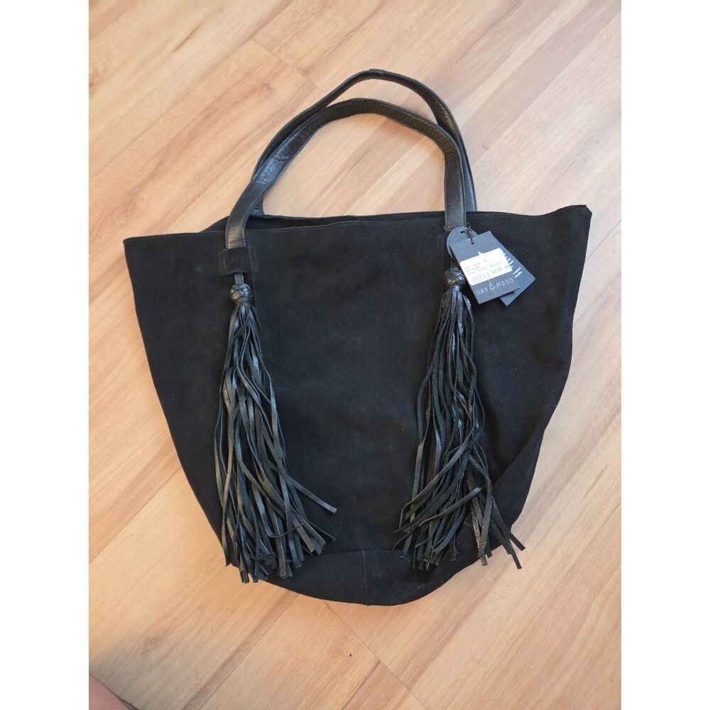Day & Mood Mya Tote Anthropologie Black Suede Leather Fringe Bag NWT $198